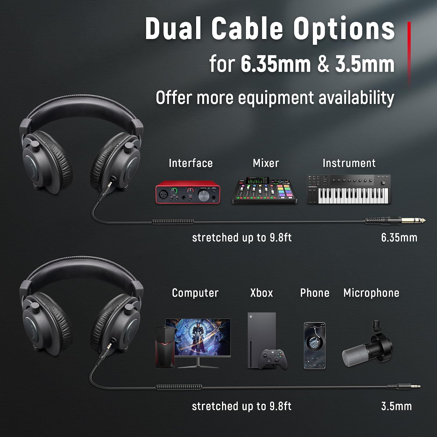 FIFINE HD8 Wired Studio Monitor Headphone, Detachable 3.5mm/6.35mm Cables - Image 4