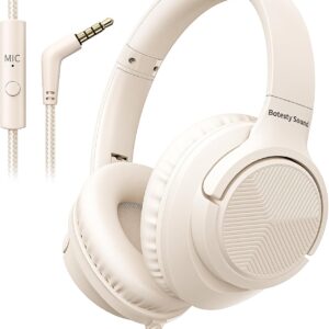 Wired Headphones with Microphone for School, 3.5mm Corded Headphones, Beige