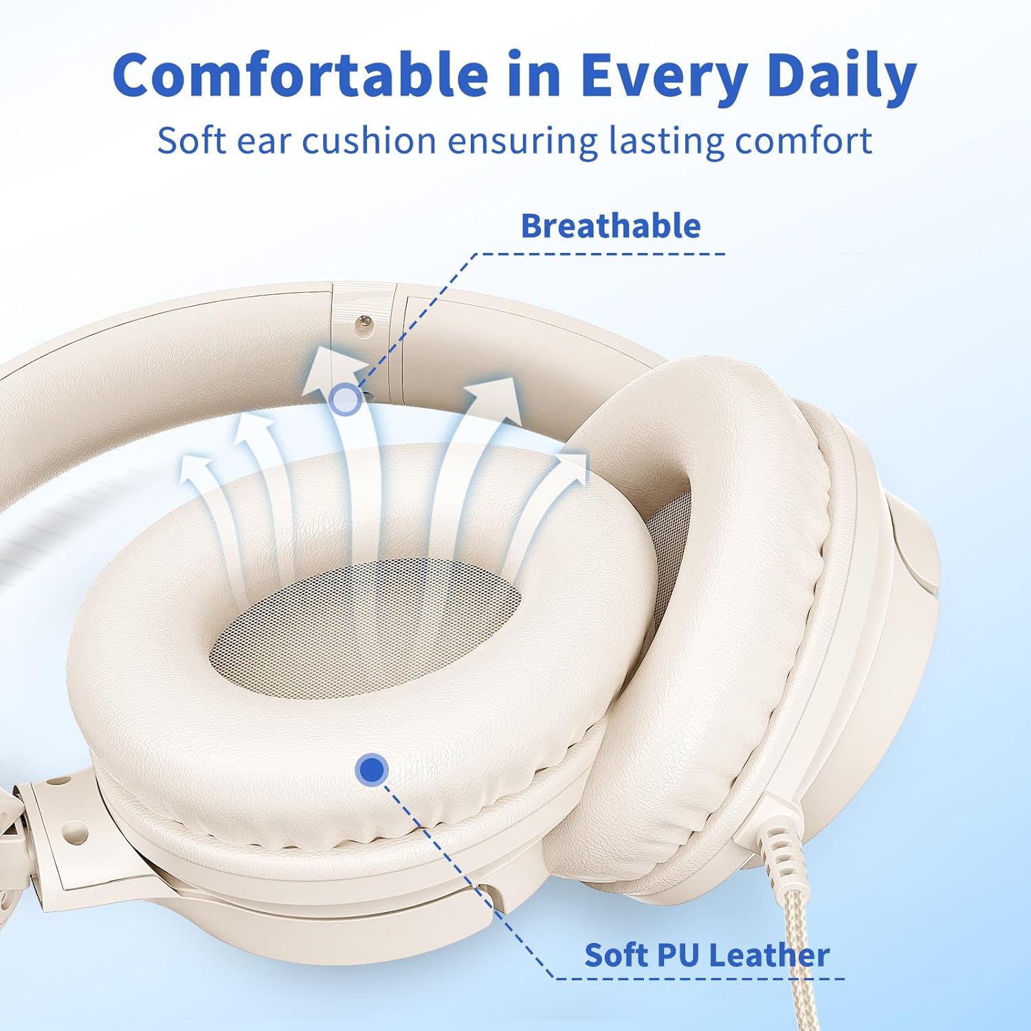 Wired Headphones with Microphone for School, 3.5mm Corded Headphones, Beige - Image 5