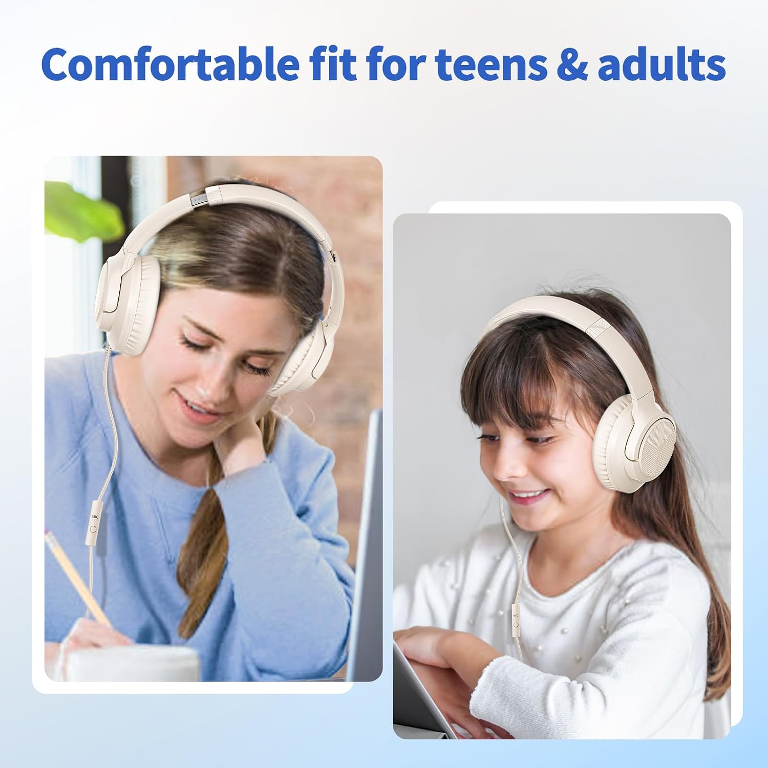 Wired Headphones with Microphone for School, 3.5mm Corded Headphones, Beige - Image 6