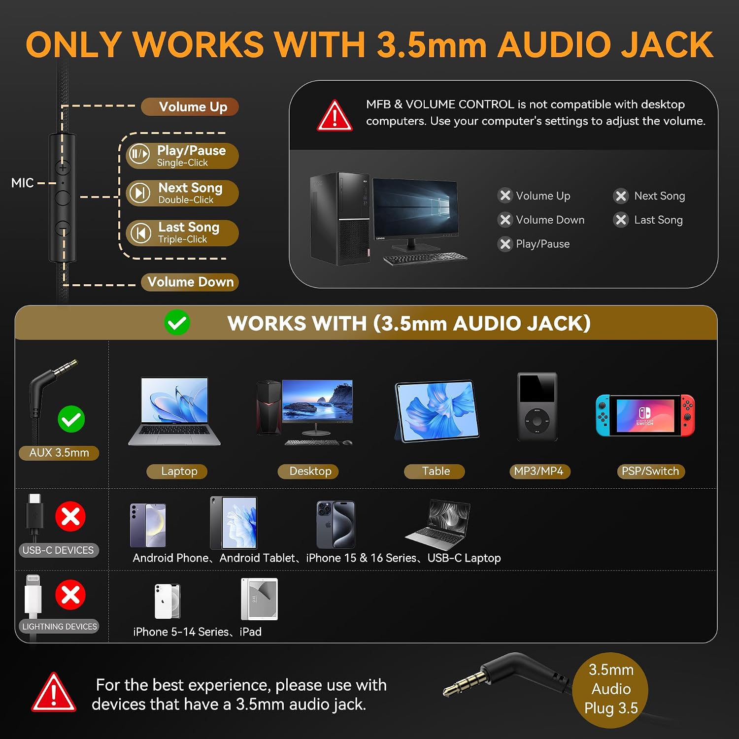 KVIDIO Wired Headphones with Mic,3.5mm Plug Volume Control for School,Black - Image 3
